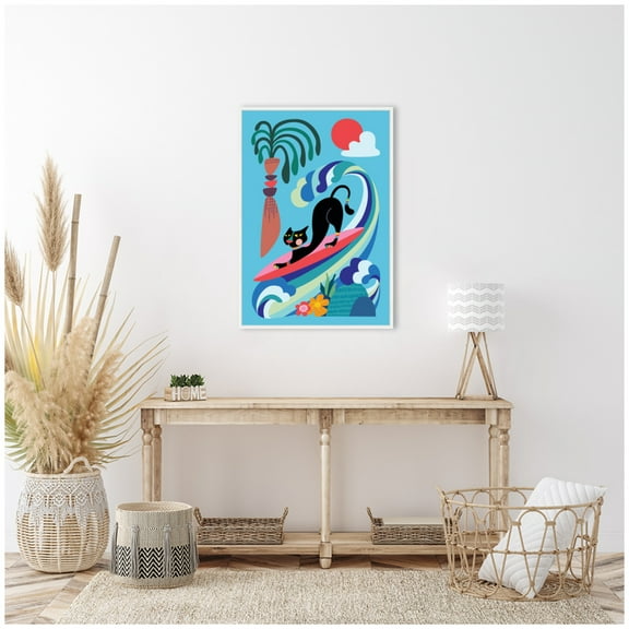 Kate and Laurel Vibrant Whimsical Ocean Surf Cat Framed Canvas Wall Art  by Rachel Lee 23 x 33 Sylvie White, Whimsical, Beach, Animals, Sports Art for Wall Decor, Living Room Bedroom