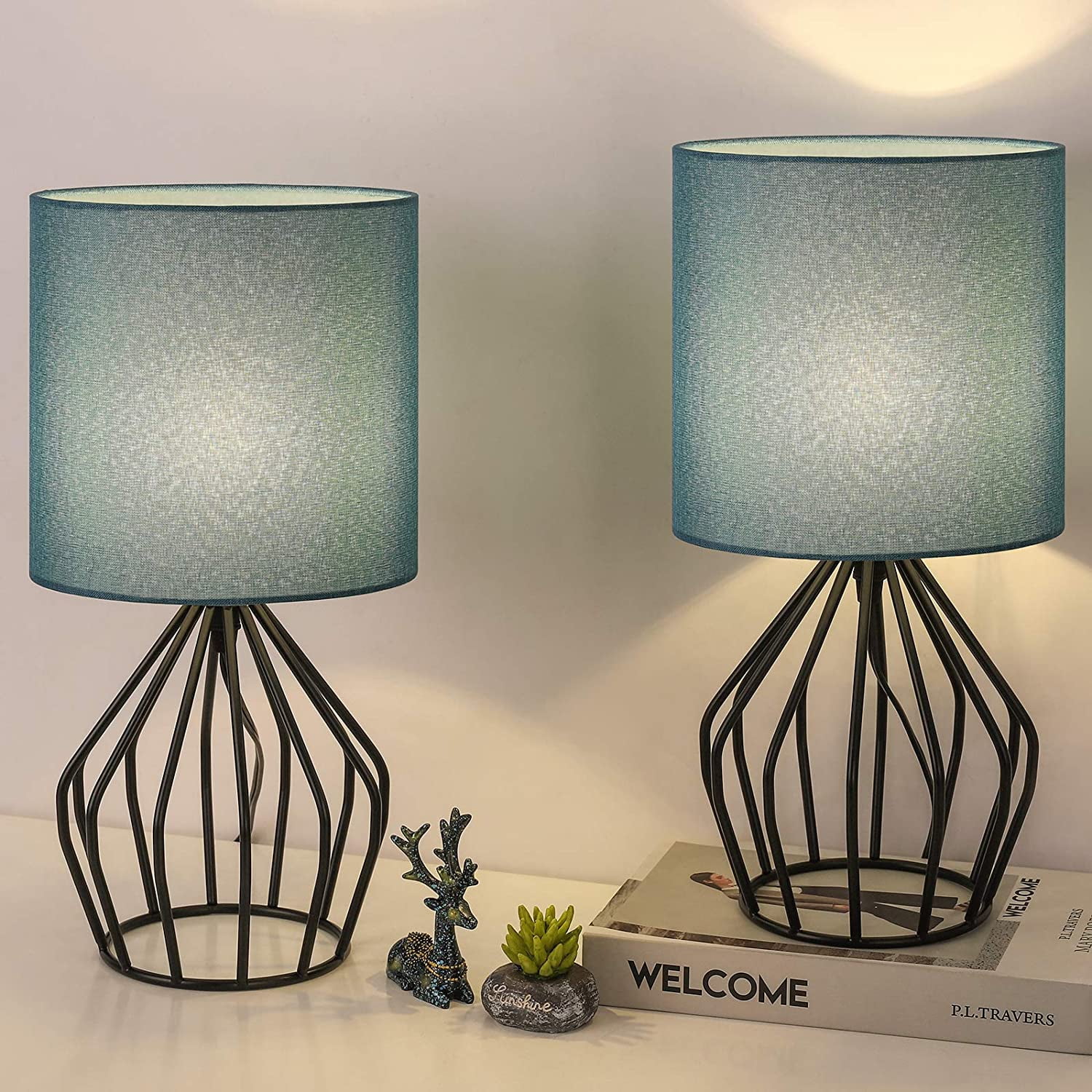 Modern Table Lamps Set of 2 - Black Metal Bedside Teal Lamps for