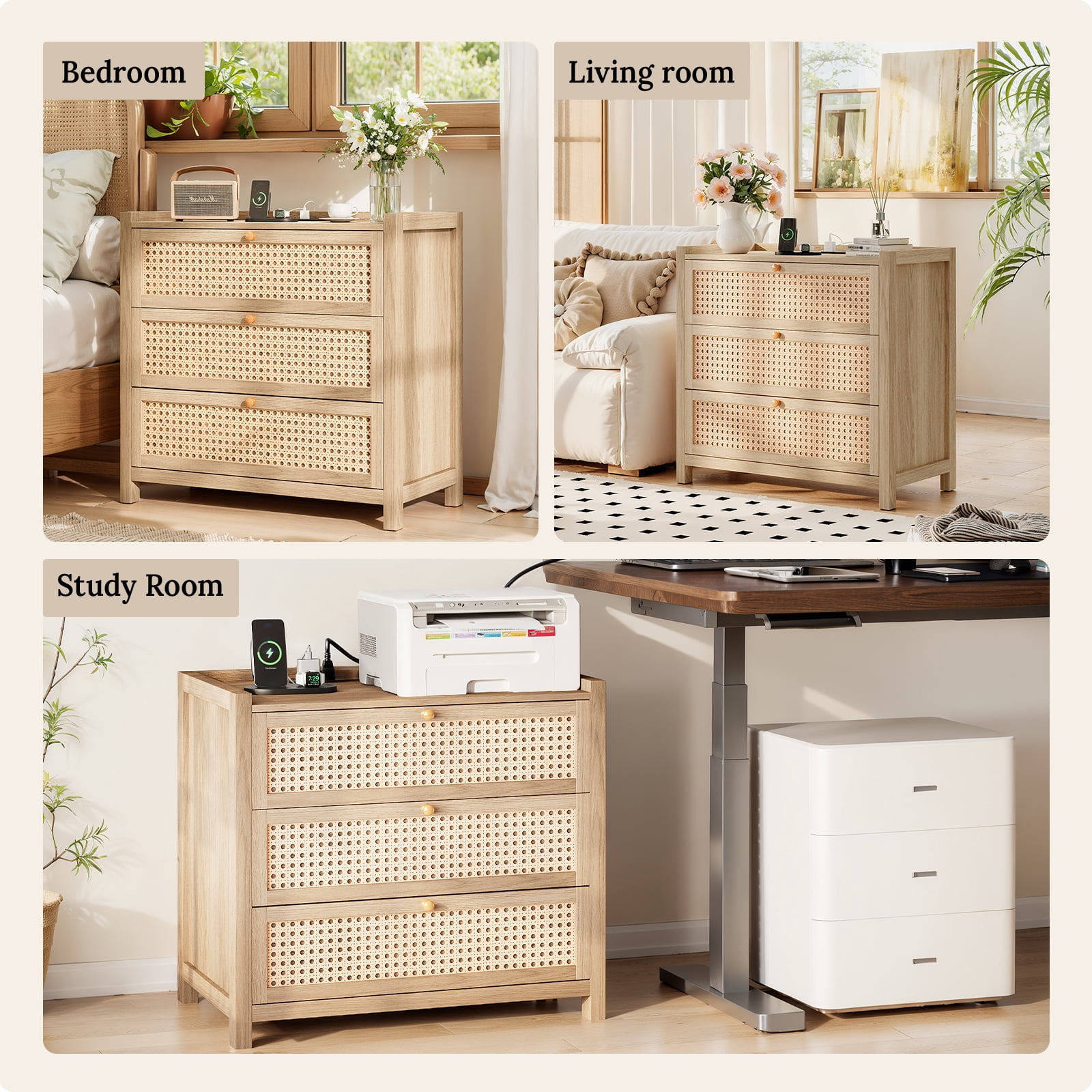 LGHM 29.5"W Nightstand Set of 2 with 3 Drawers & Charging Station, Dresser for Bedroom, Farmhouse Rattan Bedside Table Night Stands, Boho Side Tables, Oak