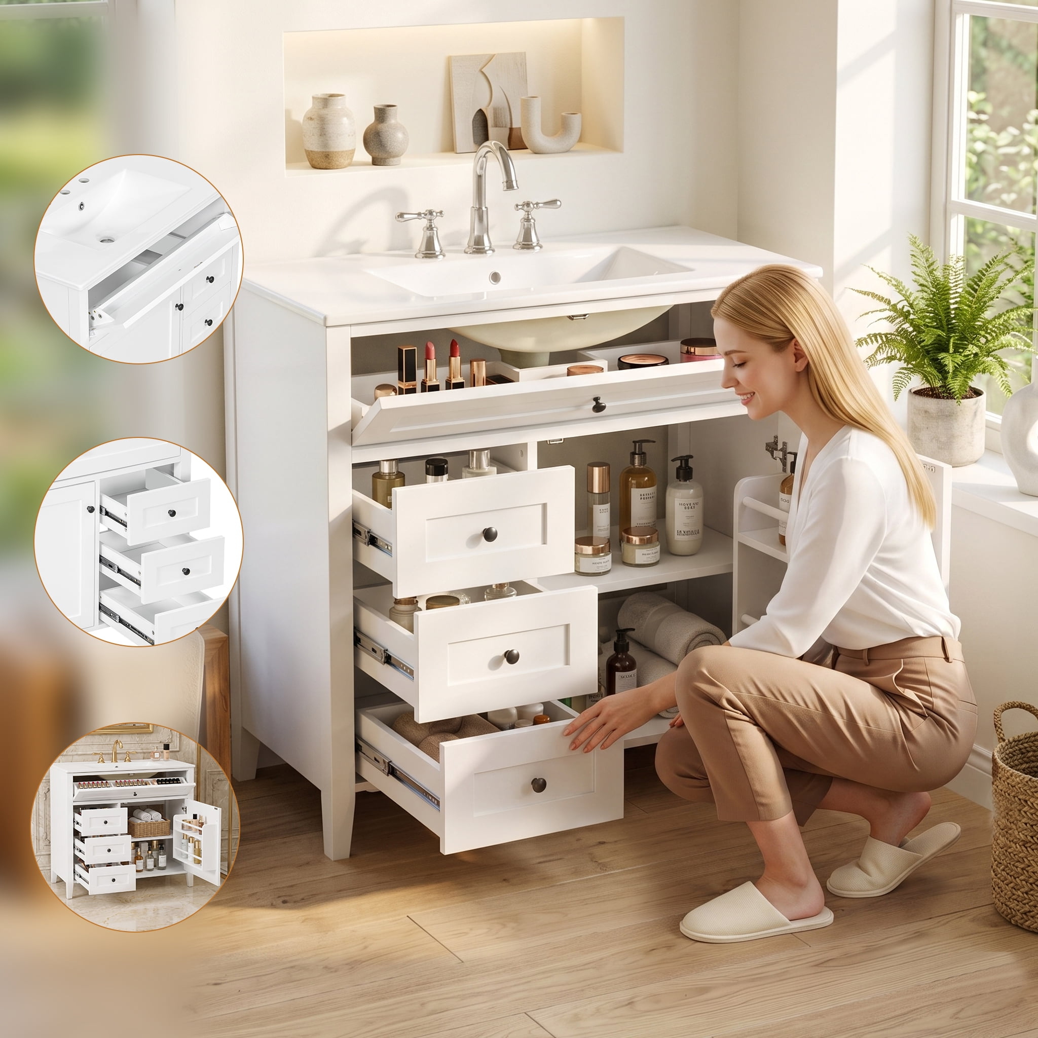 Anpport 36" Freestanding Bathroom Vanity with Sink, Modern MDF & Rubberwood Cabinet, 3 Drawers, Adjustable Shelf & Left‑Side Door, White