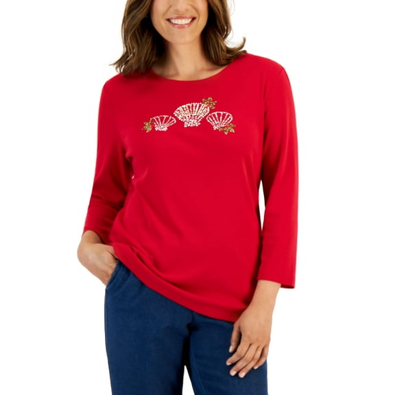 Karen Scott Petite Holiday Print 3/4 Sleeve Tops New Red Amore Shells PXL