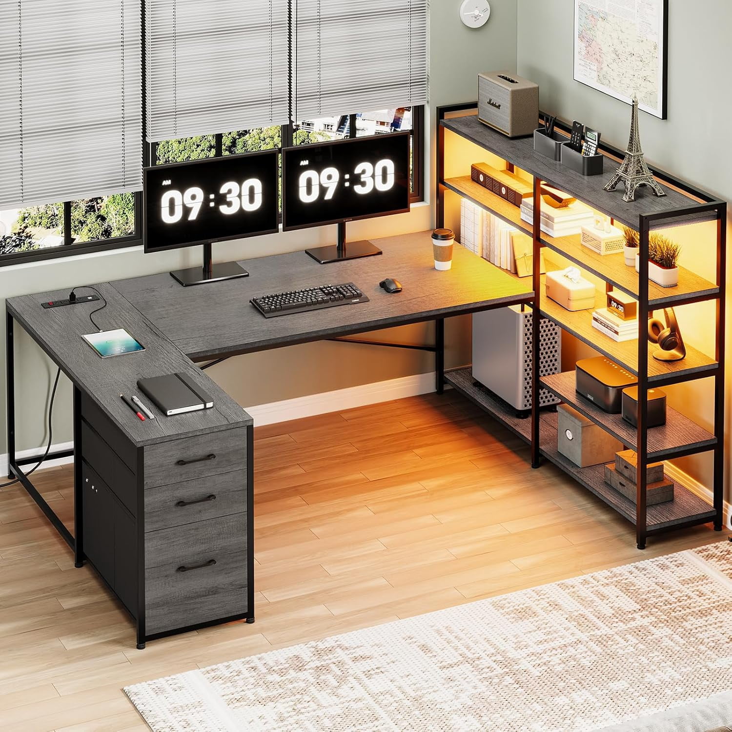 Grey 64.5" Reversible Office Desk with Fabric File Drawer, Computer Desk with Storage Bookshelf and Drawers, Corner Computer Desk with Power Outlet & LED Strip