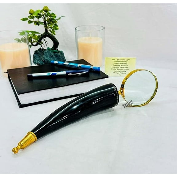 Vintage style magnifying glass hand lens with a horn handle. Old world charm. Read small print easily, use for home & hobby. 12 inch