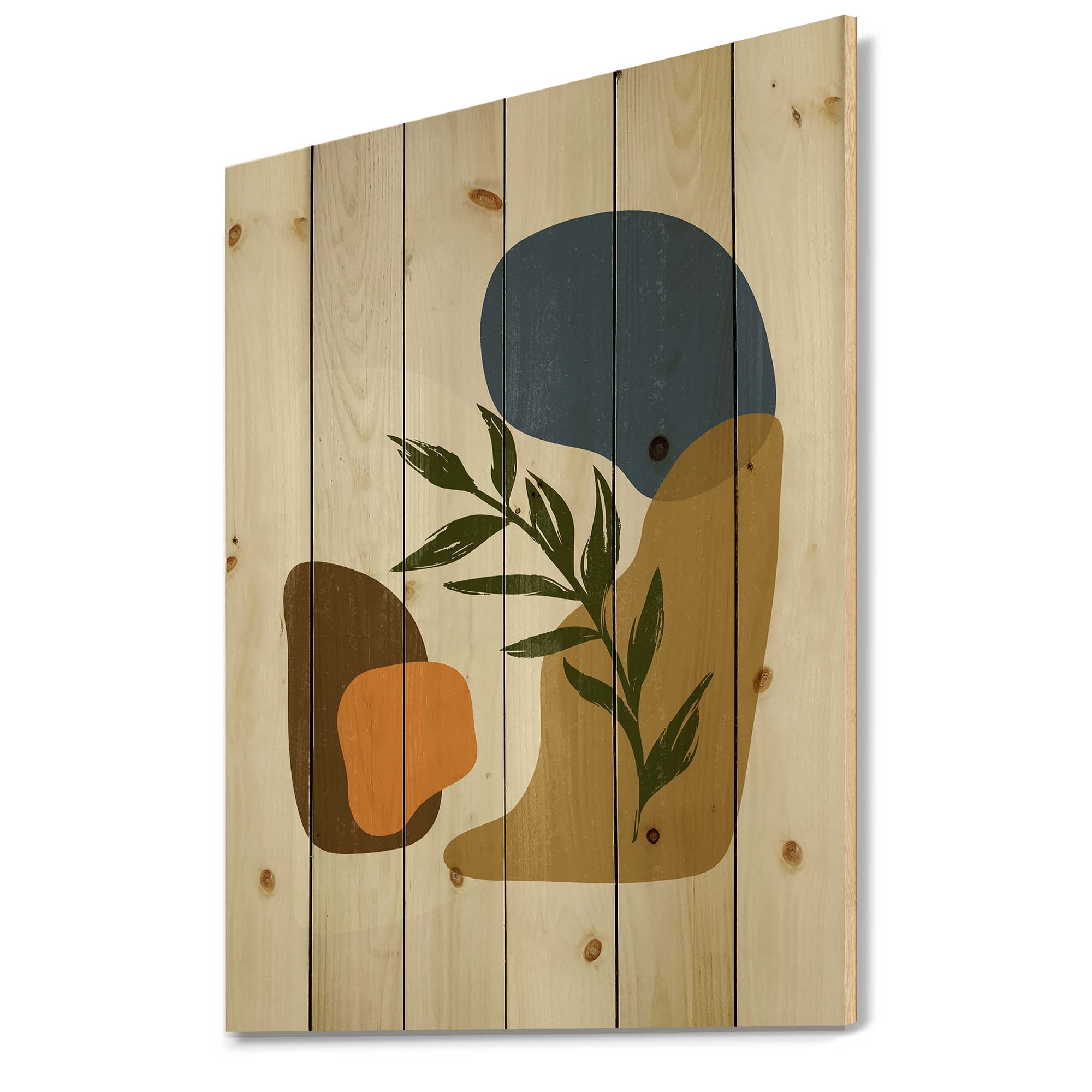 Designart 'Green Leaf With Botanical Minimalist Shapes' Modern Print on Natural Pine Wood