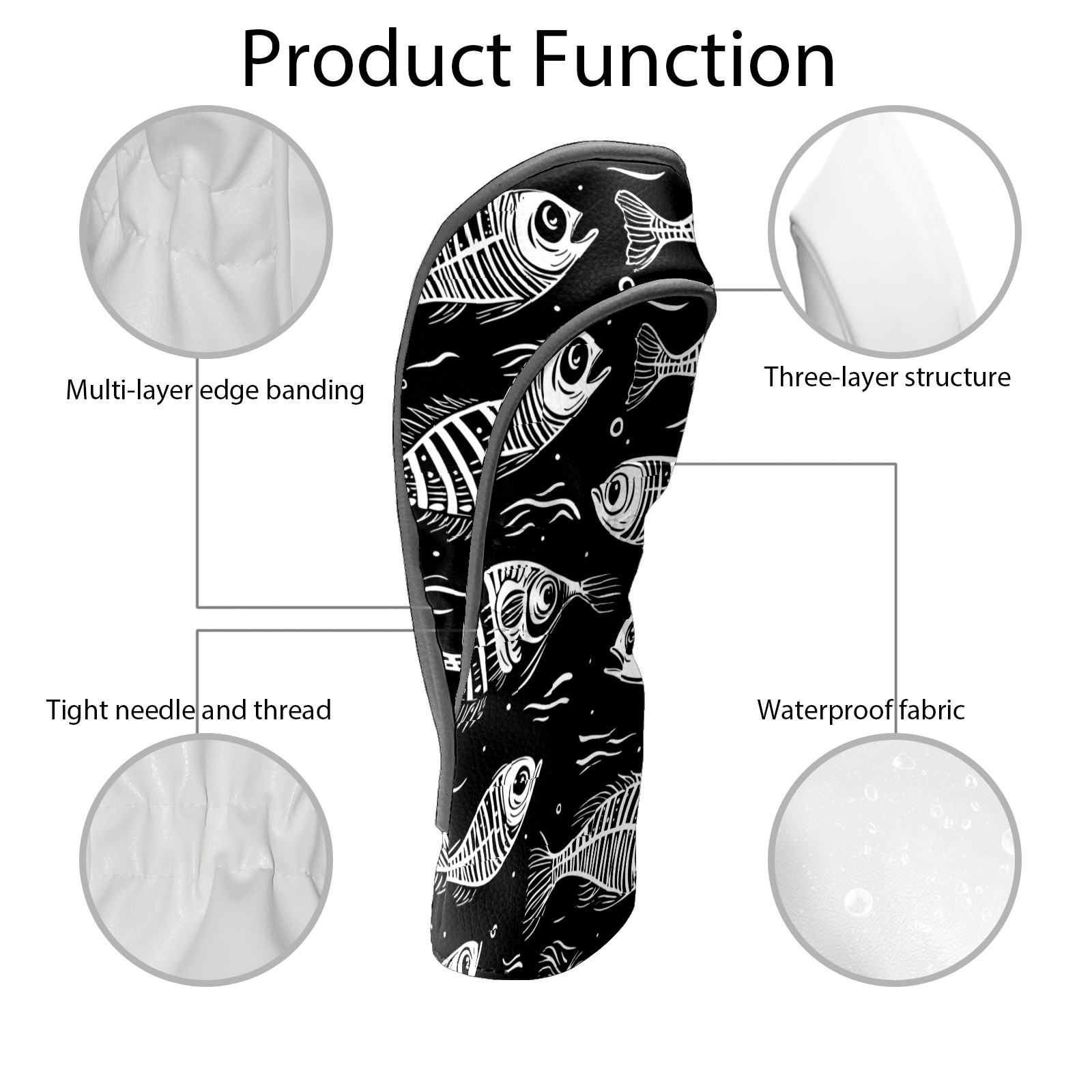 Golf Club Covers PU Leather Waterproof Head Covers for Fairway Woods Hybrids Fish Bones