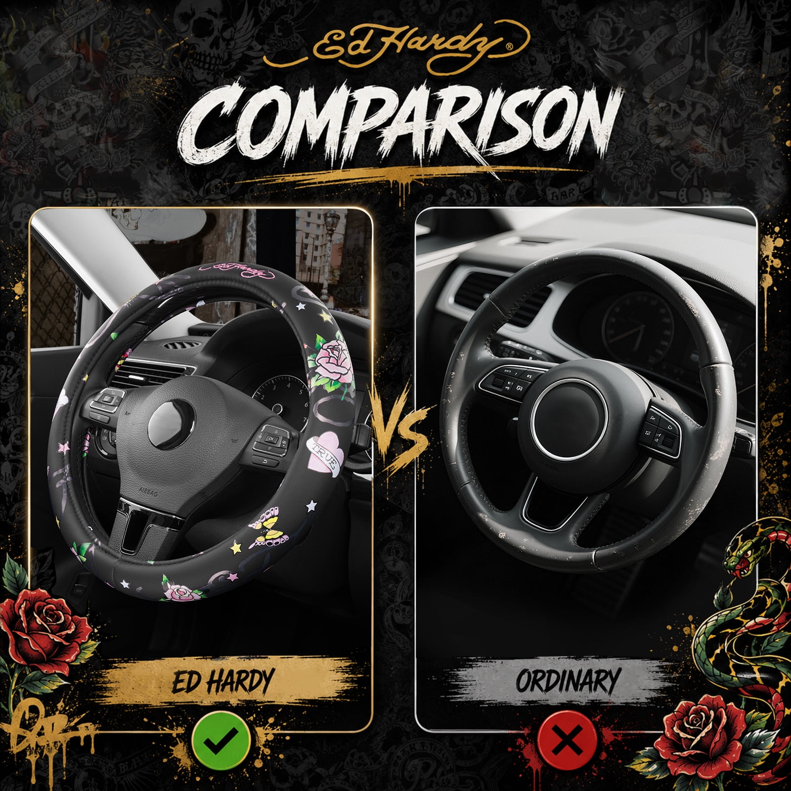 Ed Hardy Steering Wheel Cover, Tiger Print Steering Wheel Cover,Leather Steering Wheel Cover Non-Slip, Universal Fit for Cars SUV Truck, Fits 14.5"–15"