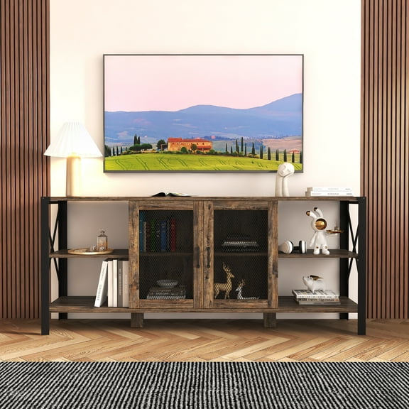 TV Stand TV Stands for Living Room, Industrial TV Stand for Bedroom Furniture, Farmhouse TV Stand 80 Inch Television Stand , Modern Horizontal Wood and Metal Open Bookshelf,Entertainment Center