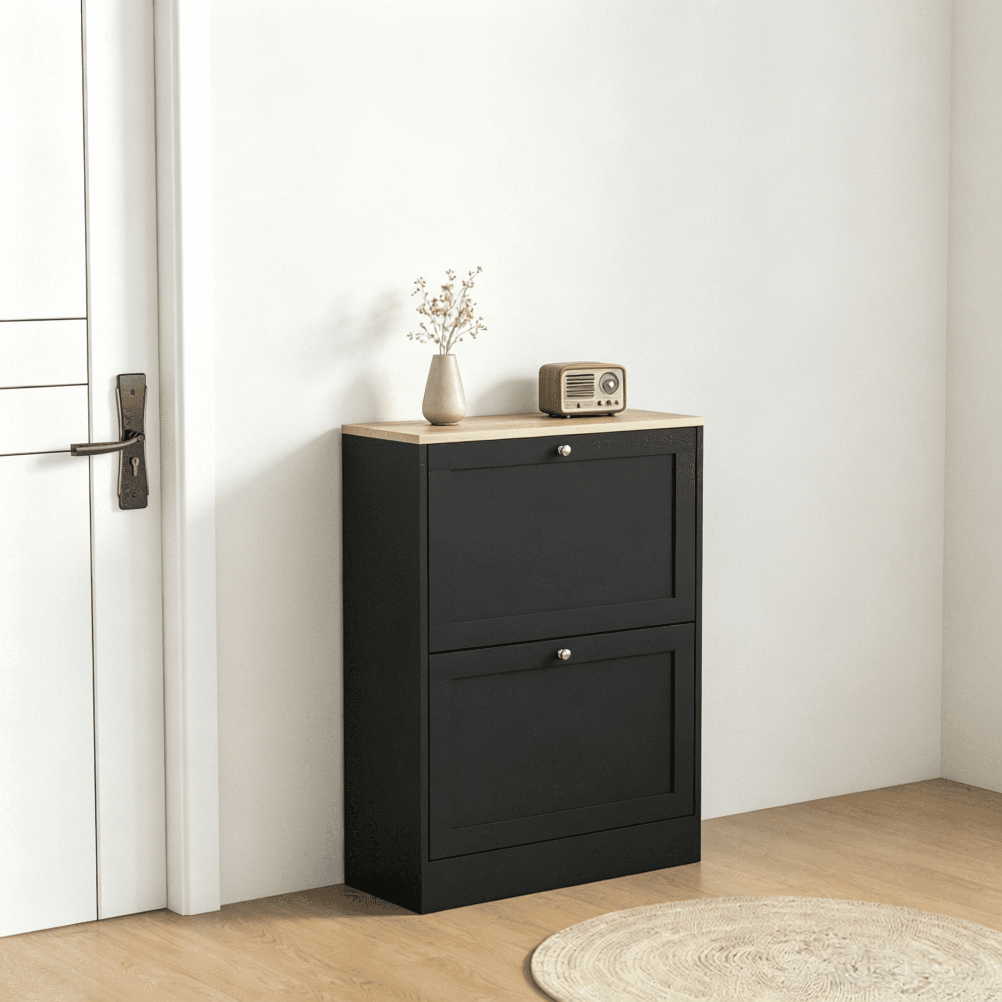 Narrow Hidden Shoe Storage Cabinet with 2 Flip Drawers, Adjustable Shelves Holds 8-12 Pairs US 11 Shoes, Melamine Particleboard Anti-Tipping Slim Shoe Organizer for Small Entryway