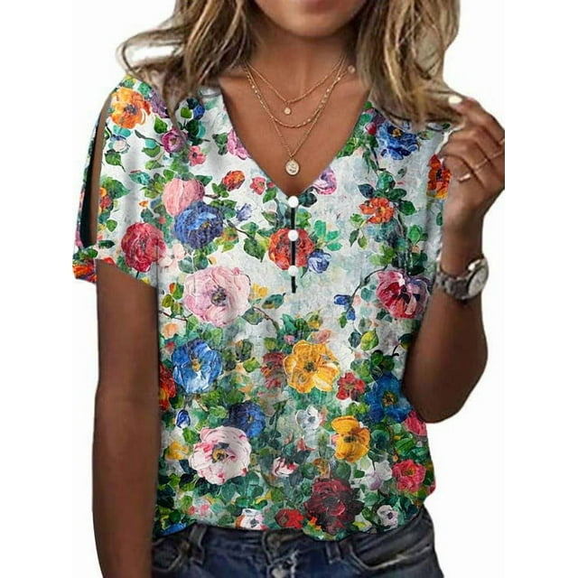 Blusa HOTYD con estampado floral bohemio de manga corta y cuello en V para mujer