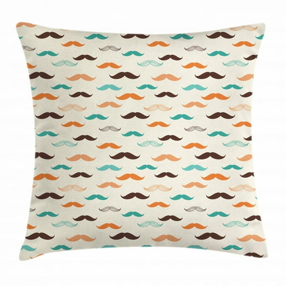Indie Throw Pillow Cushion Cover, Retro Mustache Pattern in Different Colors Stylized Curly Shapes Old Fashioned, Decorative Square Accent Pillow Case, 16 X 16 Inches, Teal Orange Brown, by Ambesonne