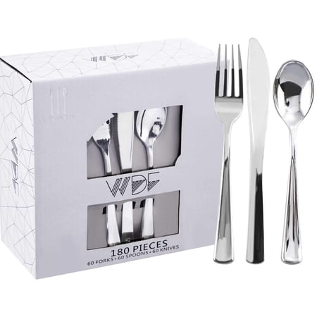 WDF 180 Pieces Silver Plastic Silverware - Silver Plastic Cutlery - Fancy Plastic Silverware Heavy Duty - 60 Forks 60 Knives 60 Spoons - Disposable Plastic Utensils Perfect for Party/Wedding/Christma