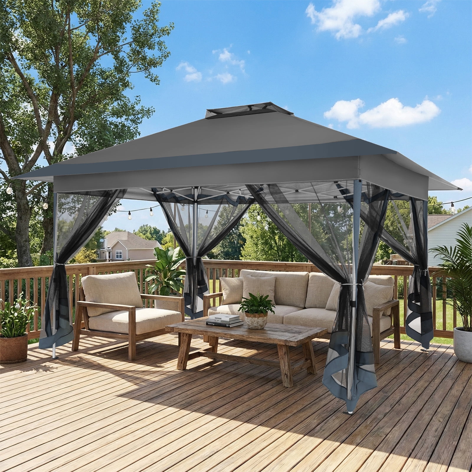 COBIZI 10x15 Pop-Up Gazebo with Mosquito Netting, Outdoor Patio Canopy Tent with 2-Tier Ventilated Roof, 3 Adjustable Heights, Provides 150 Sq Ft Shade, Dark Grey