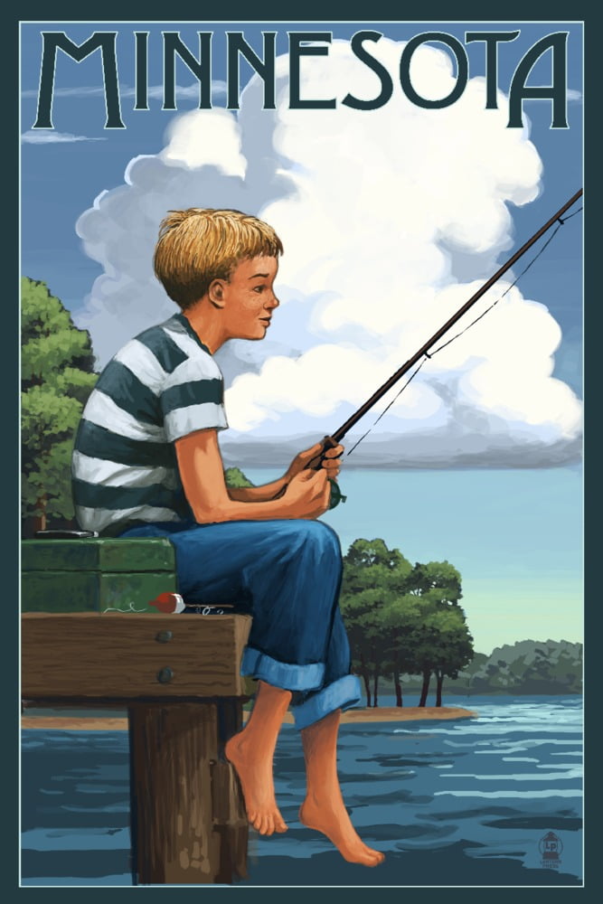 Minnesota, Boy Fishing (9x12 Wall Art Print, Home Decor) 