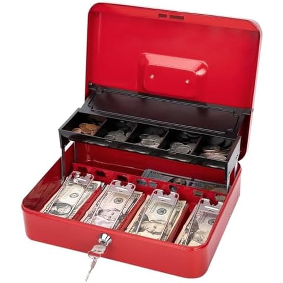 Cash Box with Money Tray and Lock -Red Cash Box with Key Lock Safe Money Box Large, Locking Cash Register Drawer Box for Money, 11.8'' x 9.5'' x 3.5'', SM-CB005RED