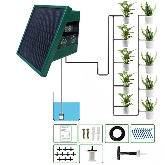 Système d'Irrigation Goutte à Goutte Solaire pour Jardin Écran d'Affichage Numérique Système d'Arrosage Automatique pour 10 Plantes en Pot avec Modes Minuterie 30x7 Kit d'Irrigation Goutte à Goutte DIY anti-Siphon