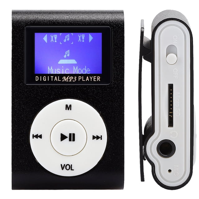 MP3 Player, MP3 Music Player with metal clip for walking and running, shown in a compact design with a black plastic body and a 0.8-inch LCD digital display. The front view highlights the circular button interface for play, pause, volume, and navigation, while the side view shows the metal clip and ports for a 3.5mm headphone jack and microSD card slot. This portable digital music player supports memory cards and MP3 audio format, making it ideal for on-the-go use.