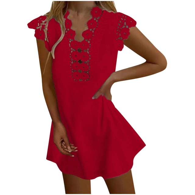 Robes d'Été pour Femmes Plage Robes d'Été pour Femmes Plage Couleur Unie Sans Manches Décontractée Robe Débardeur en Dentelle