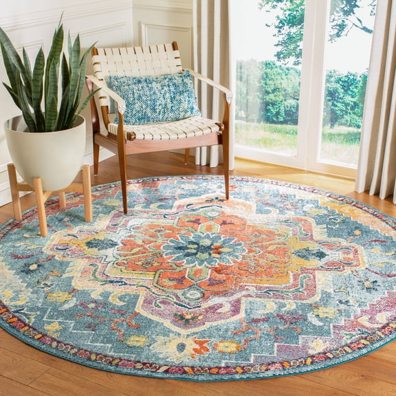 SAFAVIEH Crystal Debra Southwestern Area Rug, Teal/Orange, 5' x 5' Round