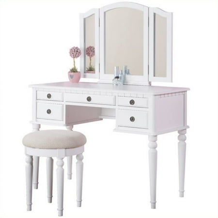Foremost Cherry Vanity - Bobkona St. Croix 3 Fold Mirror Vanity Table with Stool Set in White