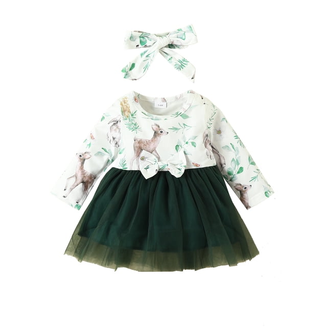 SUNSIOM Bébé Filles 2Pcs Automne Tenues Manches Longues Col Rond Cerf Imprimé Tulle Robe avec Bandeau Ensemble Vêtements pour Bébés