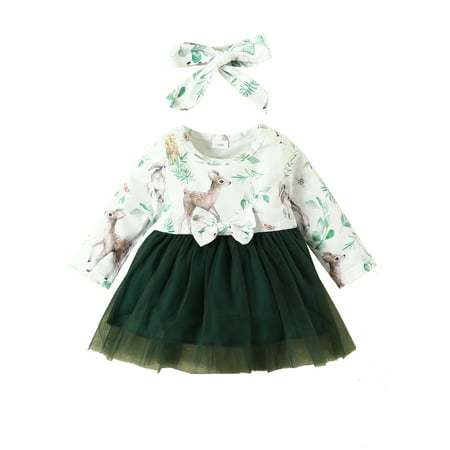 

ELF 2Pcs Baby Girls Fall Outfits Long Sleeve Round Neck Deer Print Tulle Dress with Headband Set Infant Clothes