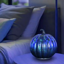 Eolstice Blue Rose Etched Glass Pumpkin Lantern, Battery Operated LED Pumpkin Light, Timed Halloween Decorative Light For Indoor Outdoor