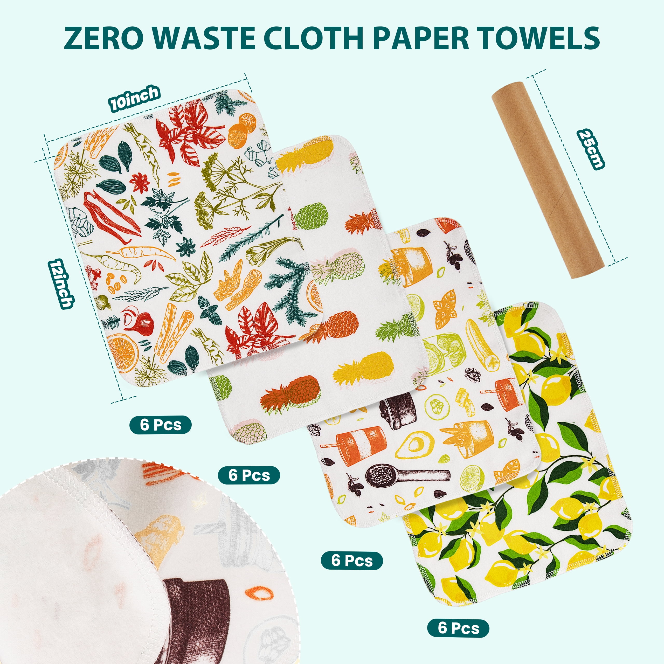 Reusable Paper Towels Value Pack of 24 Paperless Towels, 100% Cotton, Absorbent, Super Soft Washable Kitchen Cloth 10" x 12" Eco Friendly Cloth Napkin