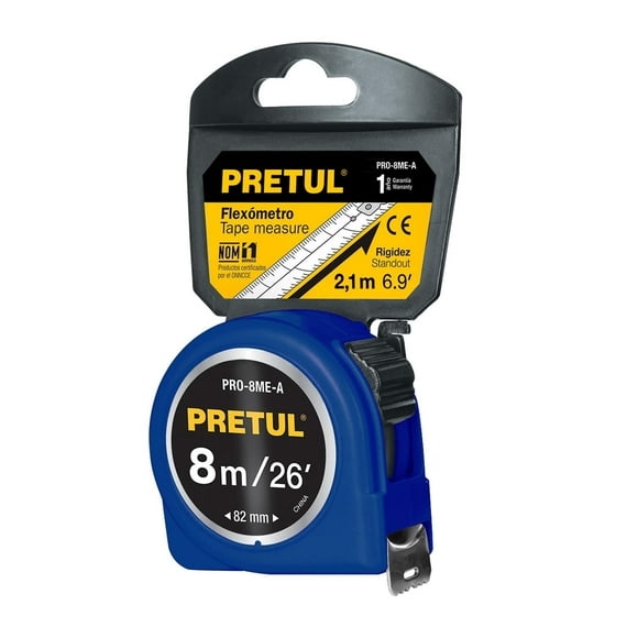 Flexómetro azul 8m cinta 25 mm, Pretul tarjeta plástica Pretul Pretul PRO-8ME-A