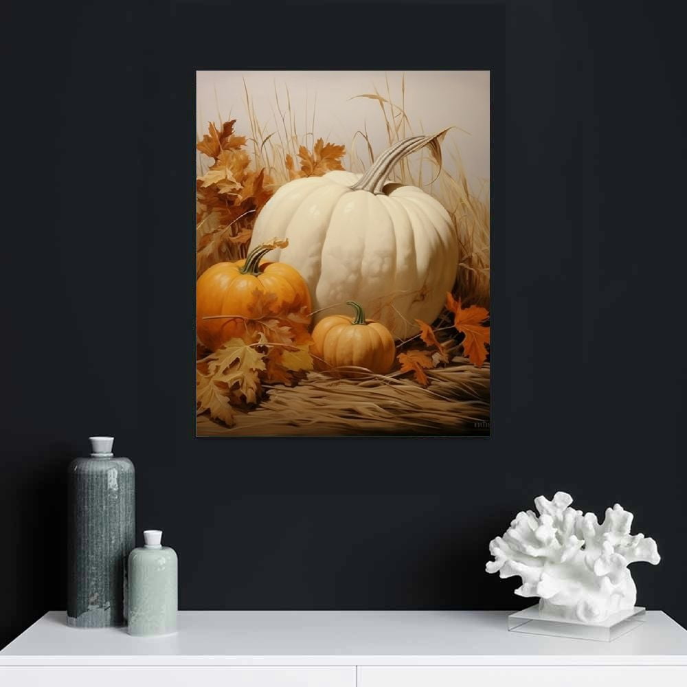 JRXY Farmhouse Fall Canvas Wall Art White Pumpkin Still Life Painting Pictures Rustic Farm Pumpkin Fall Leaves Posters Halloween Thanksgiving Autumn Wall Print Decor 16x20 in