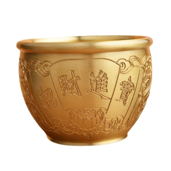 Chinese Traditional Treasure Basin Sculpture Piggy Bank Rice Vat Statues Statue Brass Feng Shui Bowl for Farmhouse Housewarming Gift Office , Aureate Word