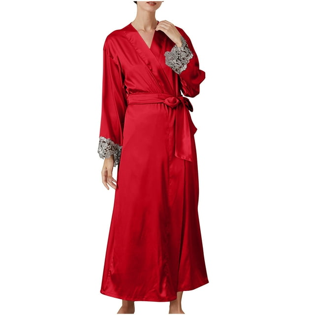 AherBiu Robes for Women Sexy Satin Lace Wedding Party Bathrobe Lightweight Full Length Long Robe with Belted
