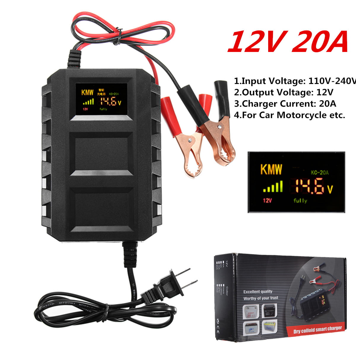 LCD Intelligent 12V 20A Automobile Lead Acid Battery Charger Car Van 