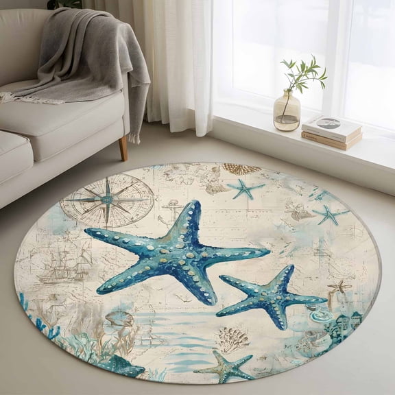 Small Round Rug 3Ft Washable Non-Slip, Teal Starfish Coastal Circle Area Rugs for Living Room Bedroom, Vintage Summer Beach Nautical Indoor Floor Mats Carpet Runner for Home Decor