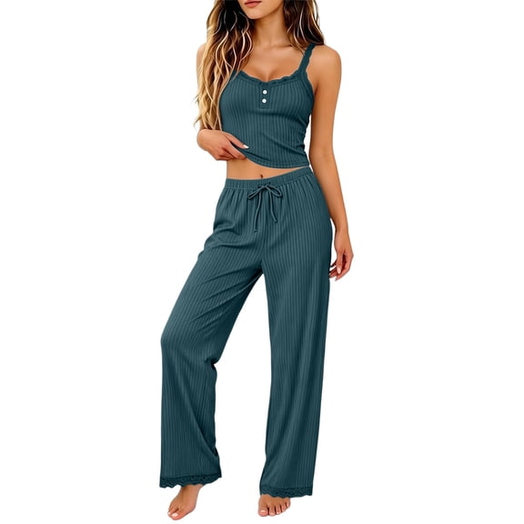 Two Piece of Outfits Workout Plus Size Solid Color Lace Cami Trousers Set