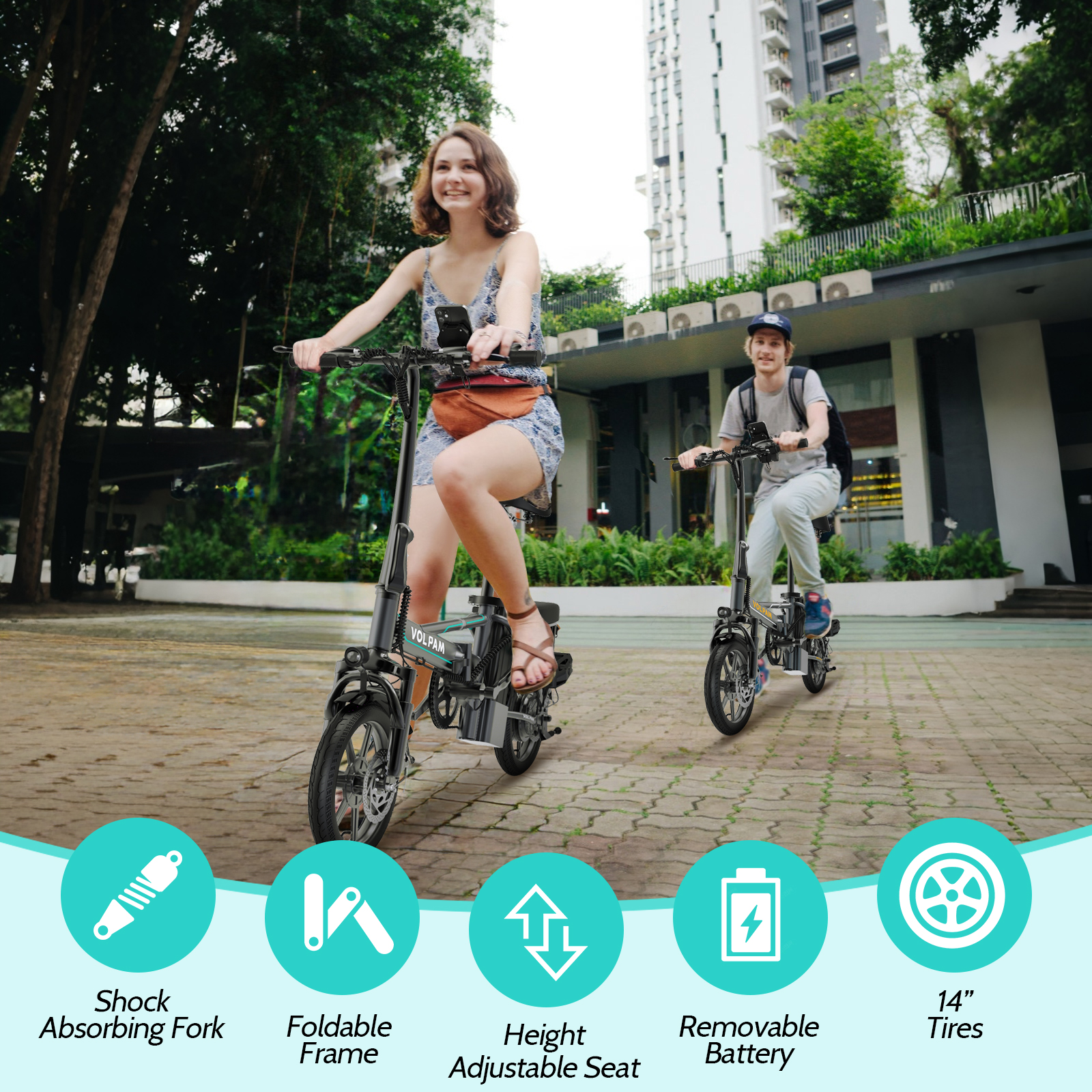Electric Bike, 14" E-Bikes for Adults, 500W Electric Commuter Bicycle 48V 10.4 Ah Removable Battery, Max Speed 20Mph, Green