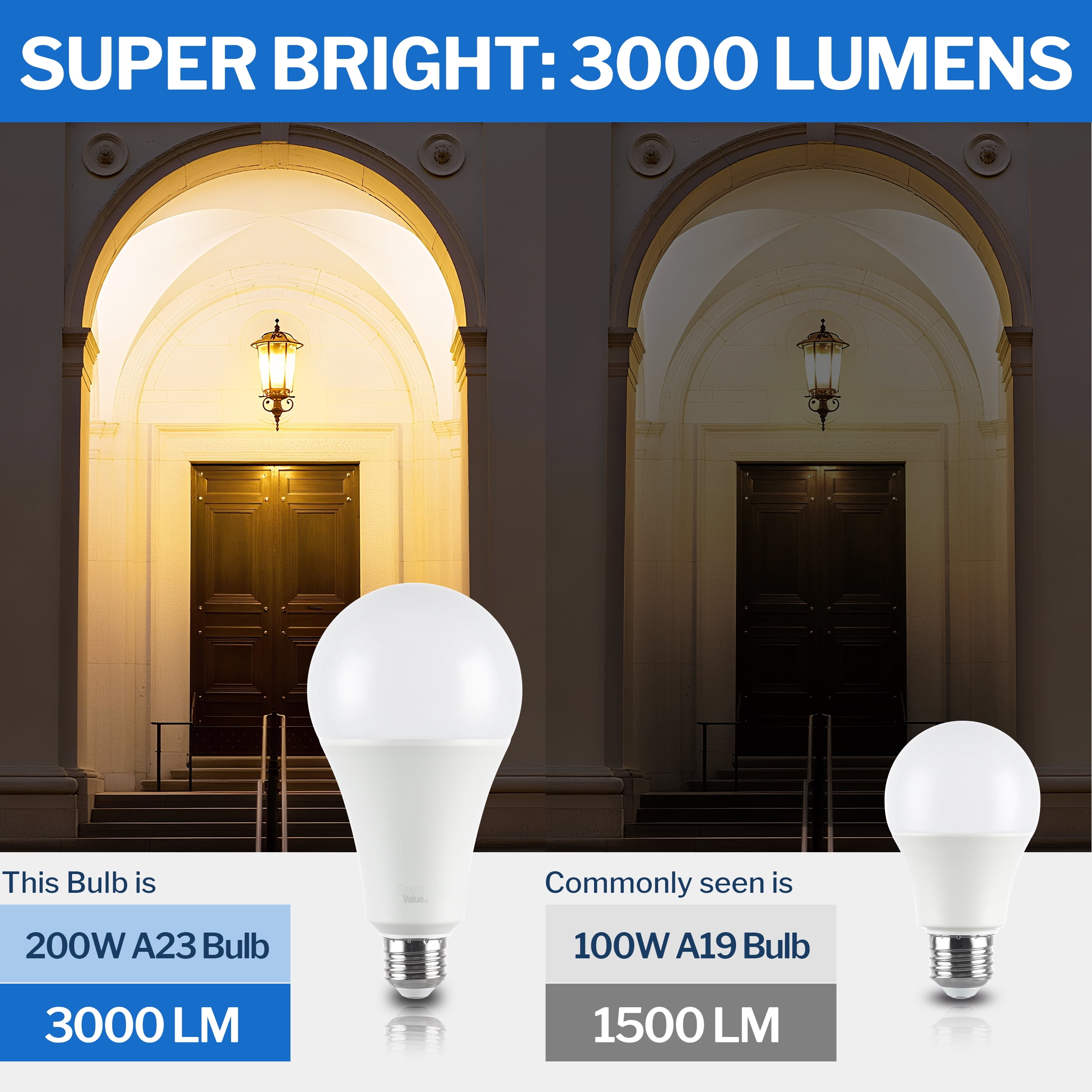 (2 pack) Great Value High Output A23 LED Light Bulb, 27-Watt (200W Equivalent), Soft White, E26 Medium Base