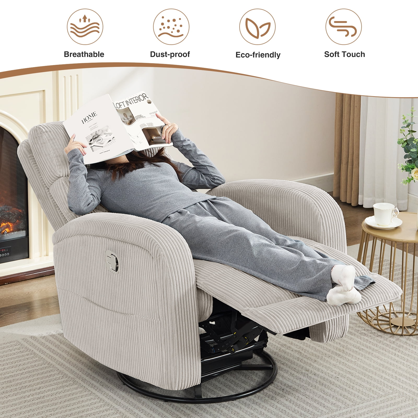 Aemeios Manual Swivel Rocker Recliner Chair, Corduroy Nursery Chair for Living Room, Camel