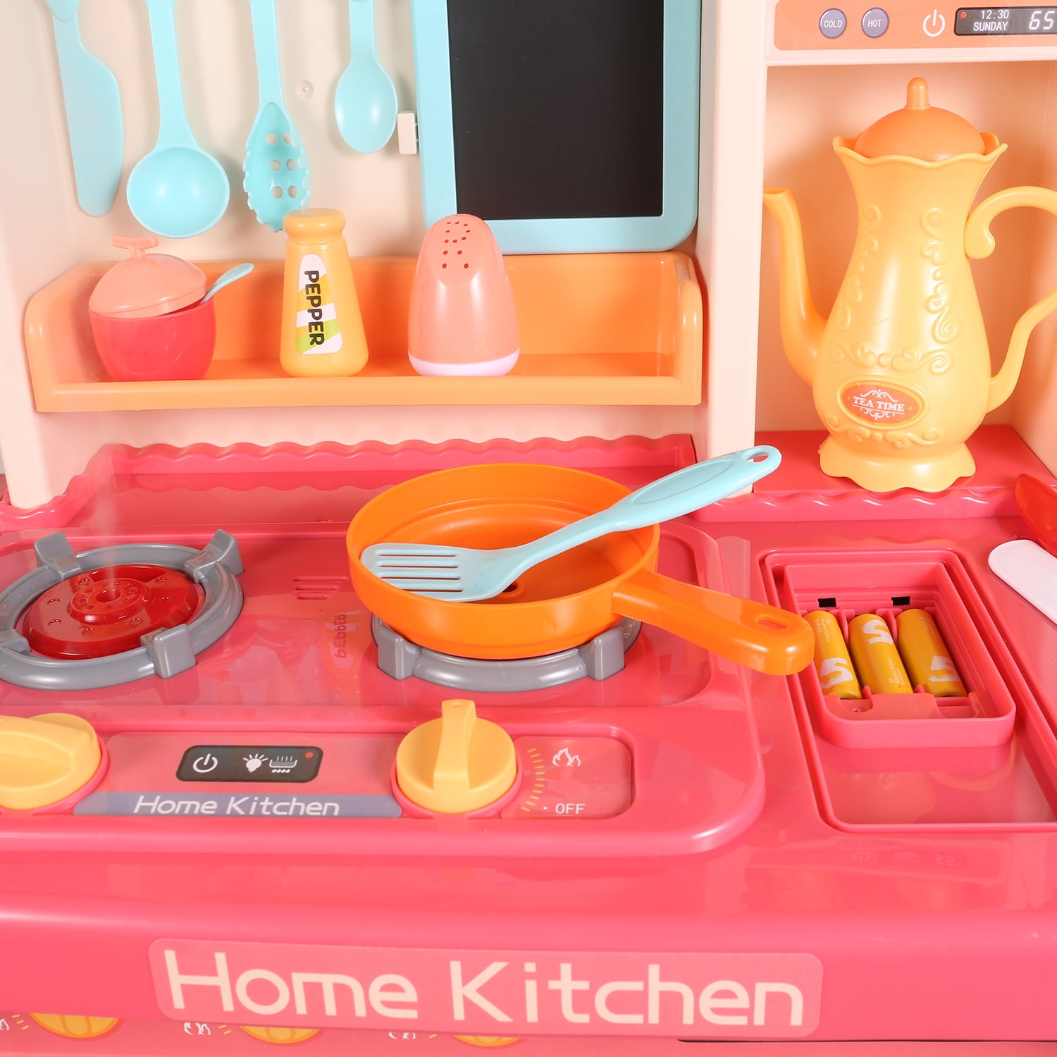 Kitchen Playset for Kids, Pink Kitchen with Realistic Lights & Sounds, Play Sink with Runnng Water, Cooking Stove with Steam, 65 PCS Kitchen Accessories Set for Girls Boys