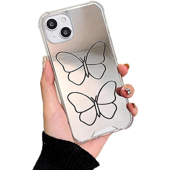 Fashion Black Line Butterfly Plating Mirror Phone Case Compatible with iPhone Case (Clear,iPhone 15 Plus)