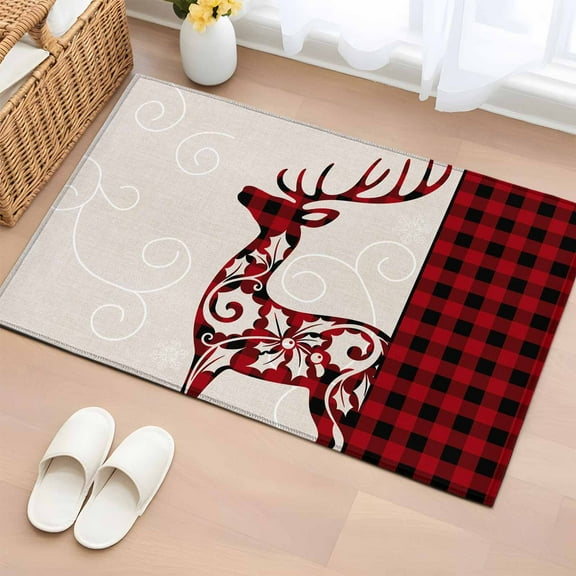 Christmas Elk Bathroom Rug Washable 2x3 Entryway Rug Non Slip Red Black Checkered Deer Winter Holiday Front Door Mat Low Pile Indoor Doormat Throw Floor Carpet for Kitchen Bedroom Entrance