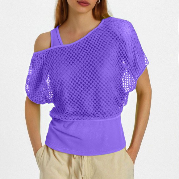 80s Neon Fishnet Mesh Off Shoulder T-Shirt For Women Retro Fashion Top
