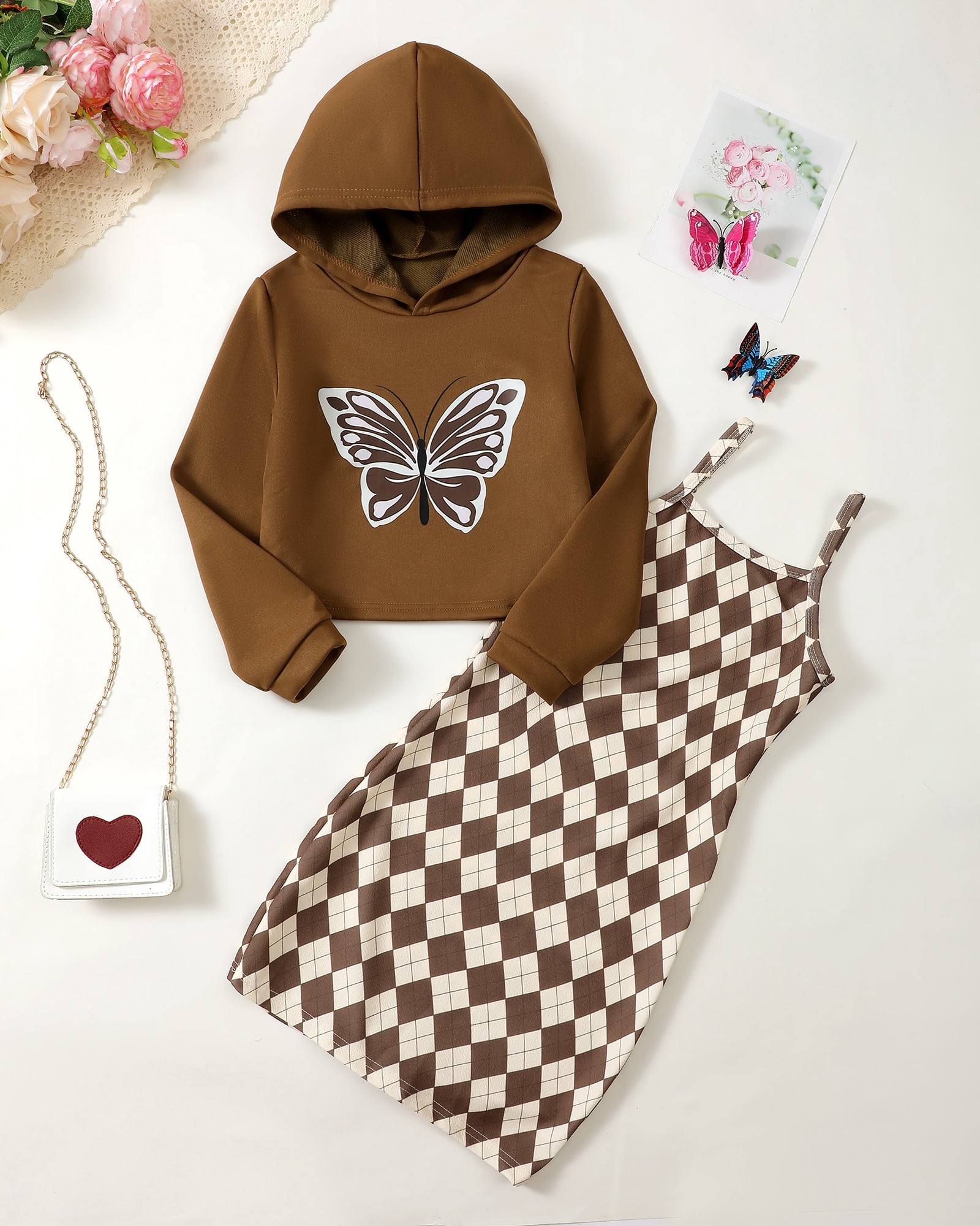 9 Years Big Girls Winter Outfits 10 Years Youth Child Kids Clothes Set Long Sleeve Butterfly Hooded Top Crop Top Sleeveless Plaid Slim Dress 2pcs Skirt Set Brown
