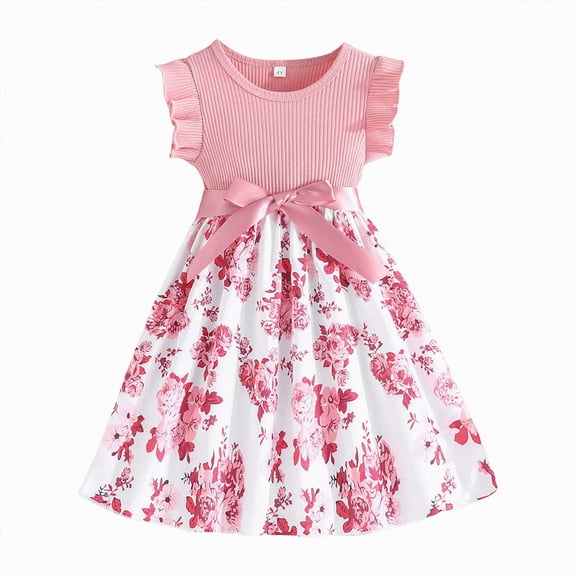 NOLDARES Girls Summer Beach Dress Floral Hawaiian Halter Chiffon Party Vacation Sundress(Pink,4-5 Years)