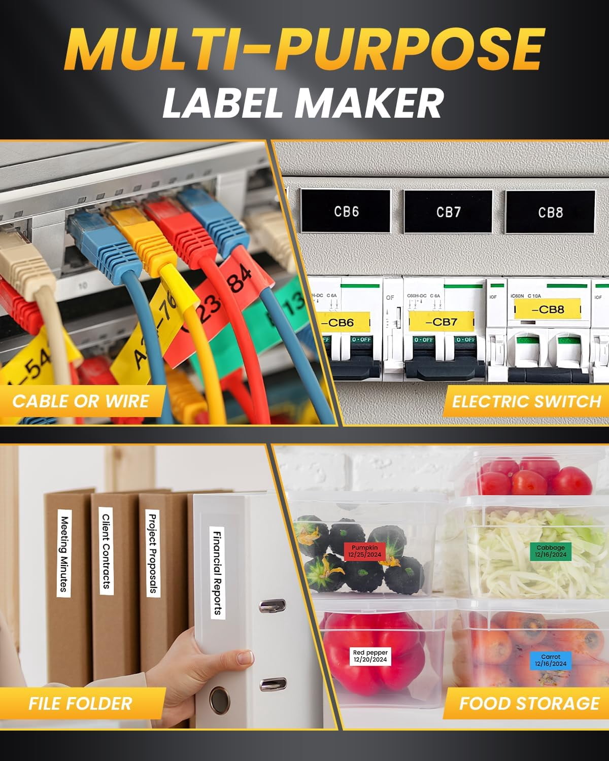Phomemo Upgraded Industrial Label Maker, QWERTY Keyboard with 4 Roll 12mm Label Tape Included - Prints 3 Lines, Time-Saving Hot Keys Prints Fast Durable For Job Sites and Heavy-Duty Labeling Jobs