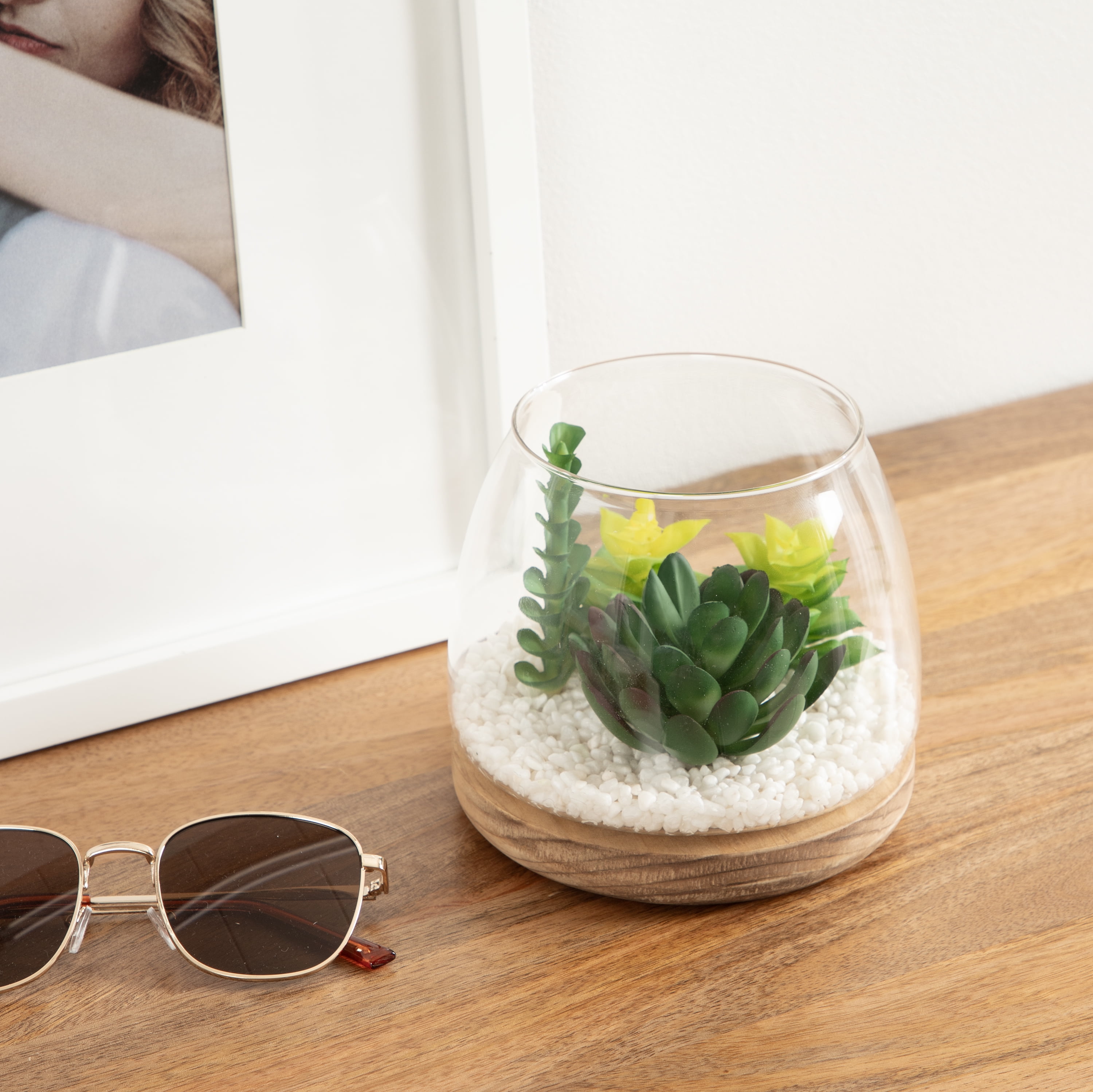 Mainstays 5" Tabletop Faux Succulent Glass Terrarium on Circle Wood Base