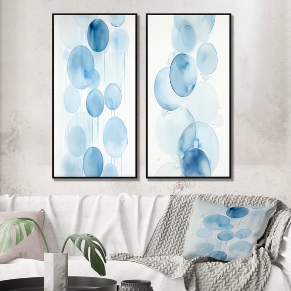 Designart "Vintage Light Blue Tranquility III" Modern Geometric Framed Wall Art Set Of 2 - Modern Blue Frame Gallery Set For Office Decor