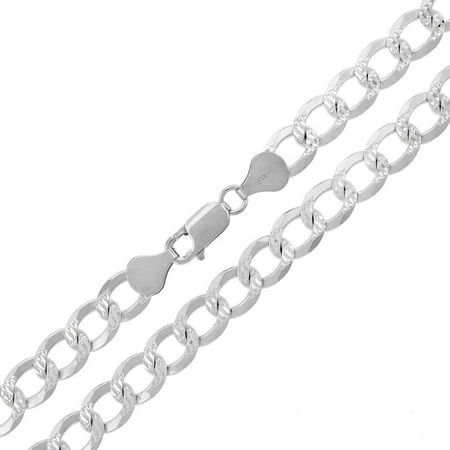 Silver Pave Curb Chain - .925 Sterling Silver 7.5mm Solid Cuban Curb Link Diamond Cut Pave ITProLux Necklace Chain 20