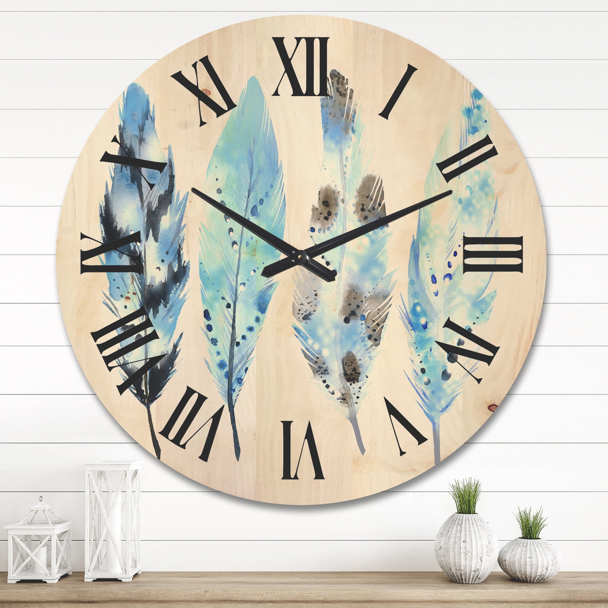 Designart 'Abstract Blue Boho Feathers I' Bohemian & Eclectic Wood Wall Clock