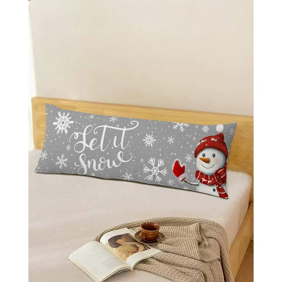 Let-It-Snow Christmas Body Throw Pillow Cover Case, Couch Sofa Bed Pillowcase, Soft Decorative Pillow Protector, Snowman Snowflakes Grey 20x54Inch Long Reversible Pillow Shams with Zipper