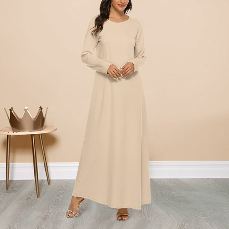 Beige with Details Long Sleeve good Floor Length Dress Muslim Abaya